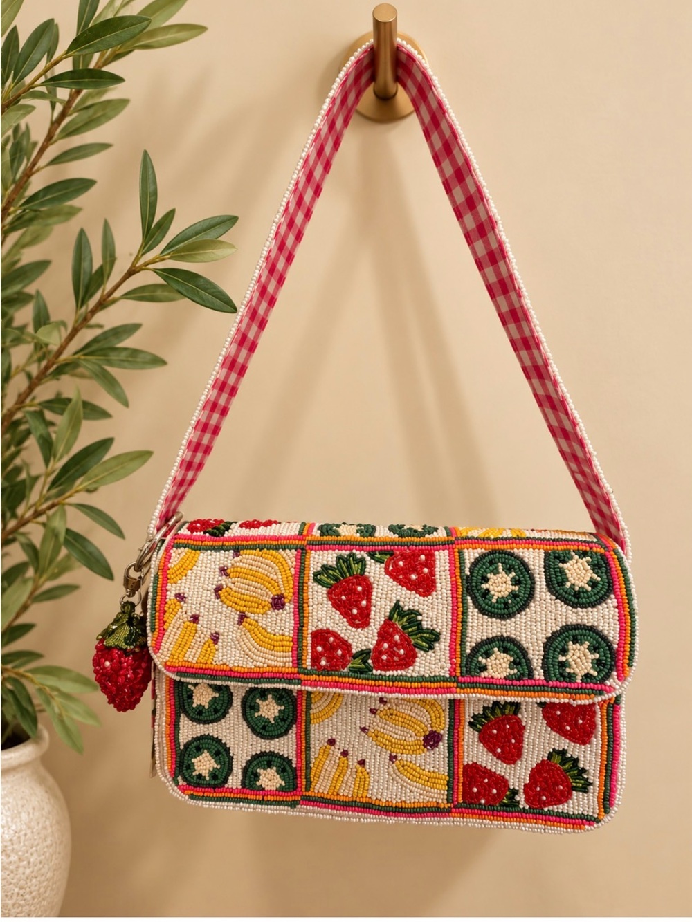 Hand-Beaded Fruit Patchwork Shoulder Bag - Pink